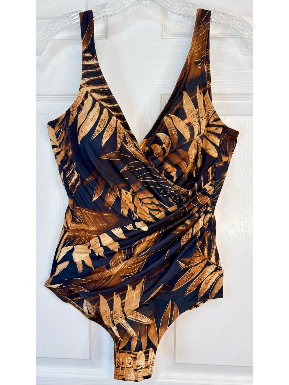 Miraclesuit Ruched One Piece Swimsuit Brown Gold Leaf Print Tropical Size 12